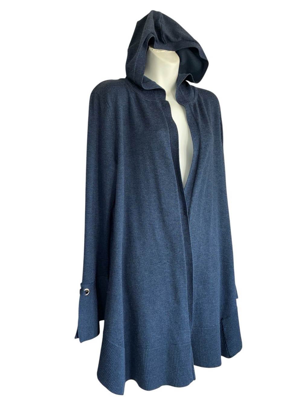 Pointelle Soft Blue Knit Cardigan Hoodie, Bell Sleeve with Grommet. L